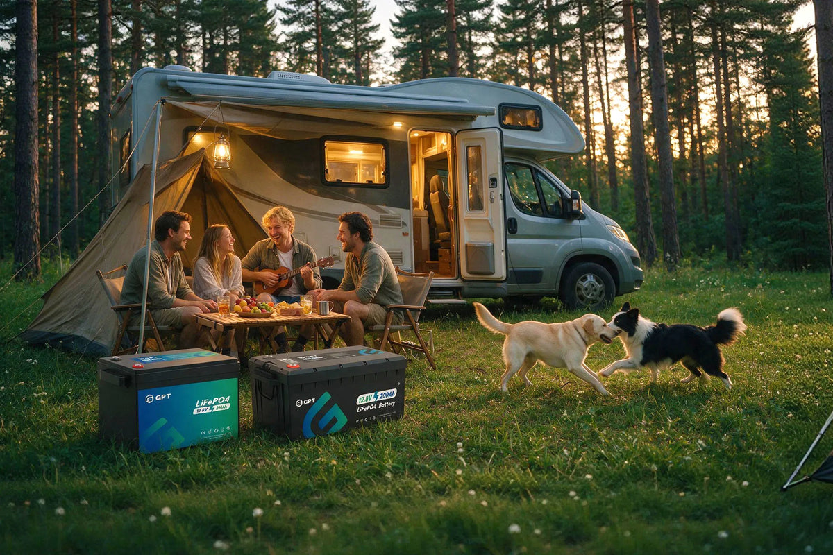 LiFePO4 batteries powering an RV camping trip with friends
