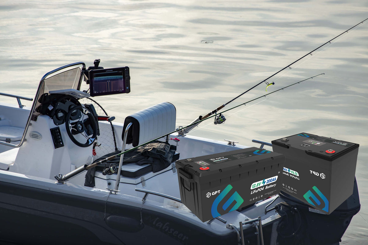 LiFePO4 battery powering marine electronics and fish finder equipment
